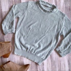 Vintage 1980s Gray Ruffle Neck Zig Zag Three Quarter Sleeve Sweater Small